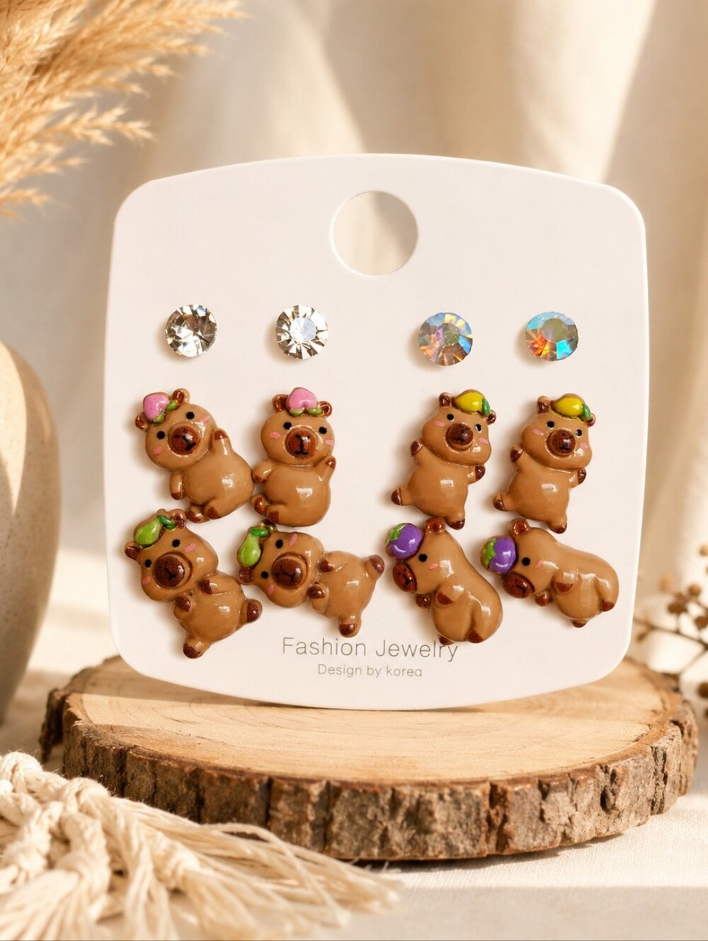 Cute Brown Capybara Stud Earrings Set - 6pk
